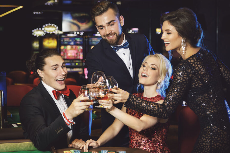 Four people toasting a night out
