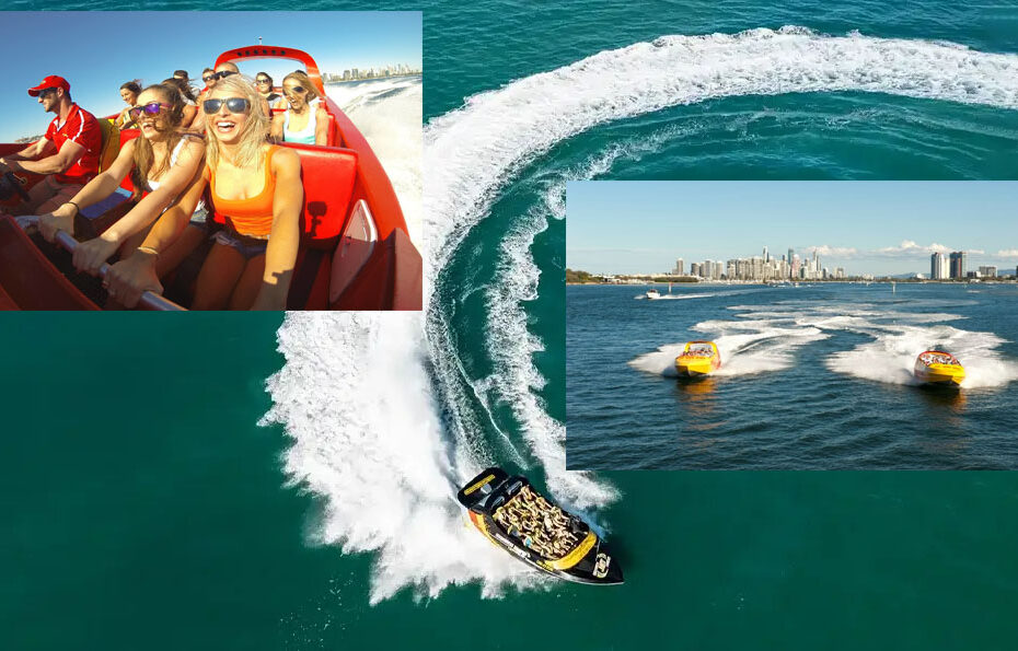 People enjoying jet boat rides on the water at the Gold Coast