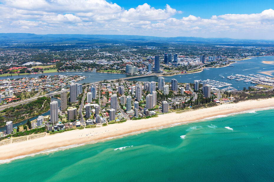 Aerial view from out at sea, looking back at Main Beach